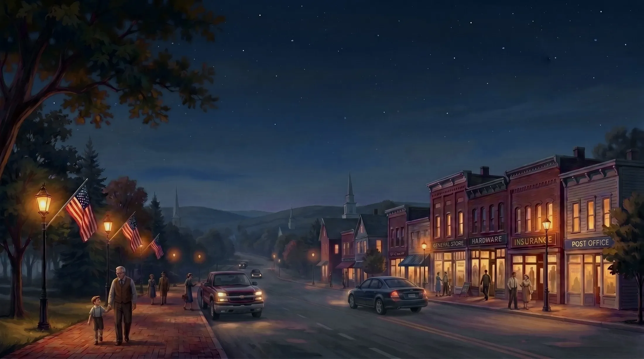 The same main street at dusk, lamps lit and storefronts glowing, the agency's day finished.