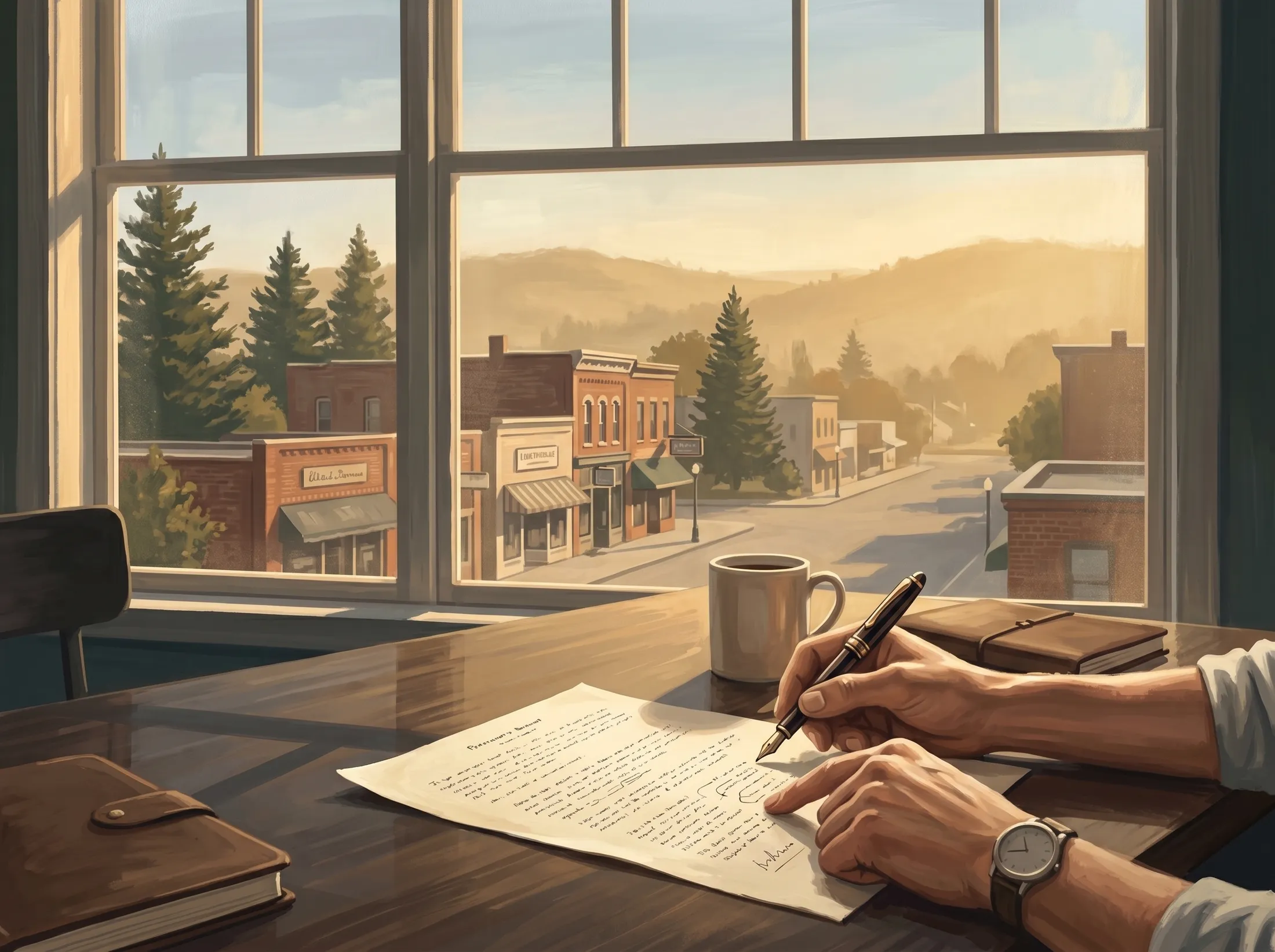 A producer signing off on a finished renewal packet at a desk in afternoon lamplight.