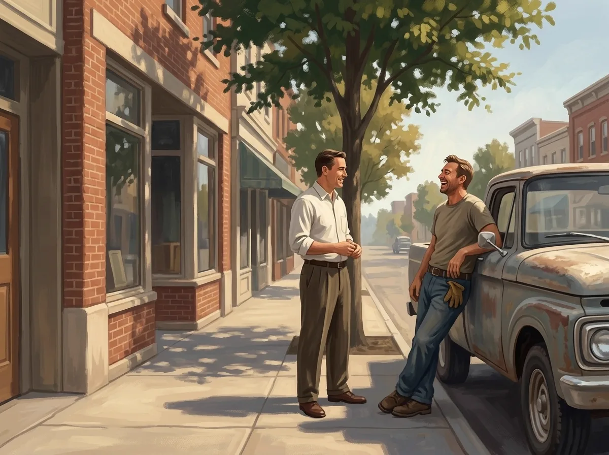An insurance producer in shirtsleeves talking with a contractor beside a parked work truck in late-morning light.