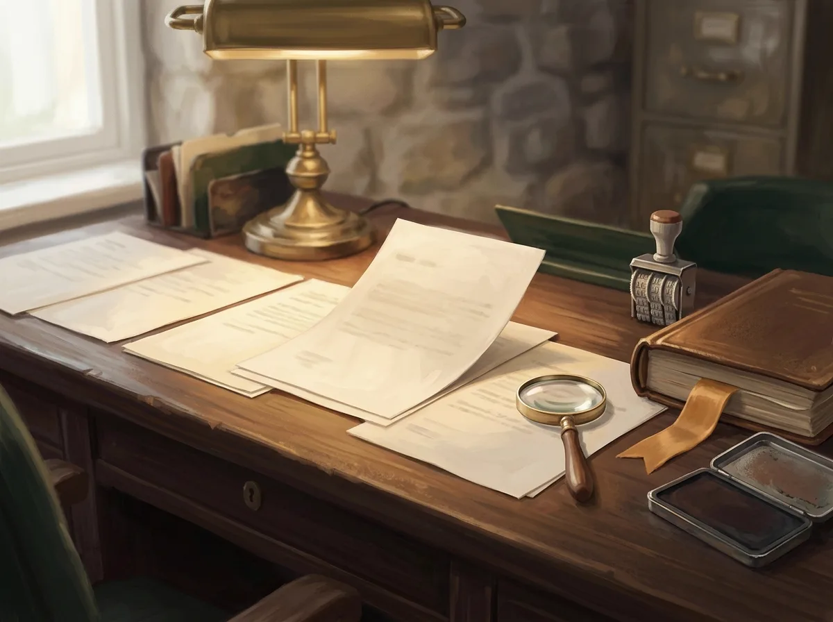 A document checked against policy records under a soft window light at midday.